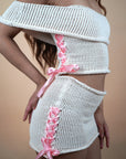 Strawberry & Cream Knitted Crochet Pink Ribbon Skirt - Lyonkusol