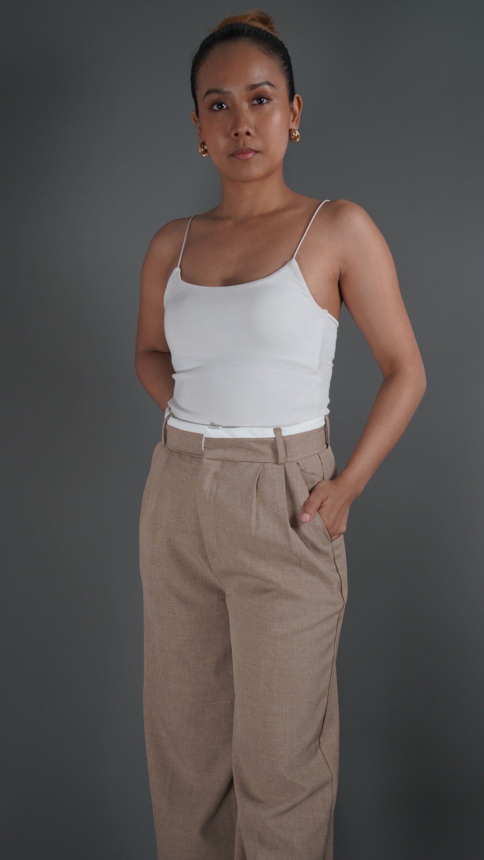 Khaki High Waisted White Rim Straight Leg Trousers - Lyonkusol