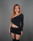 Black Heart Breaker -Diagonal One Sleeve Top/Mini Skirt Co-Ord Set - Lyonkusol