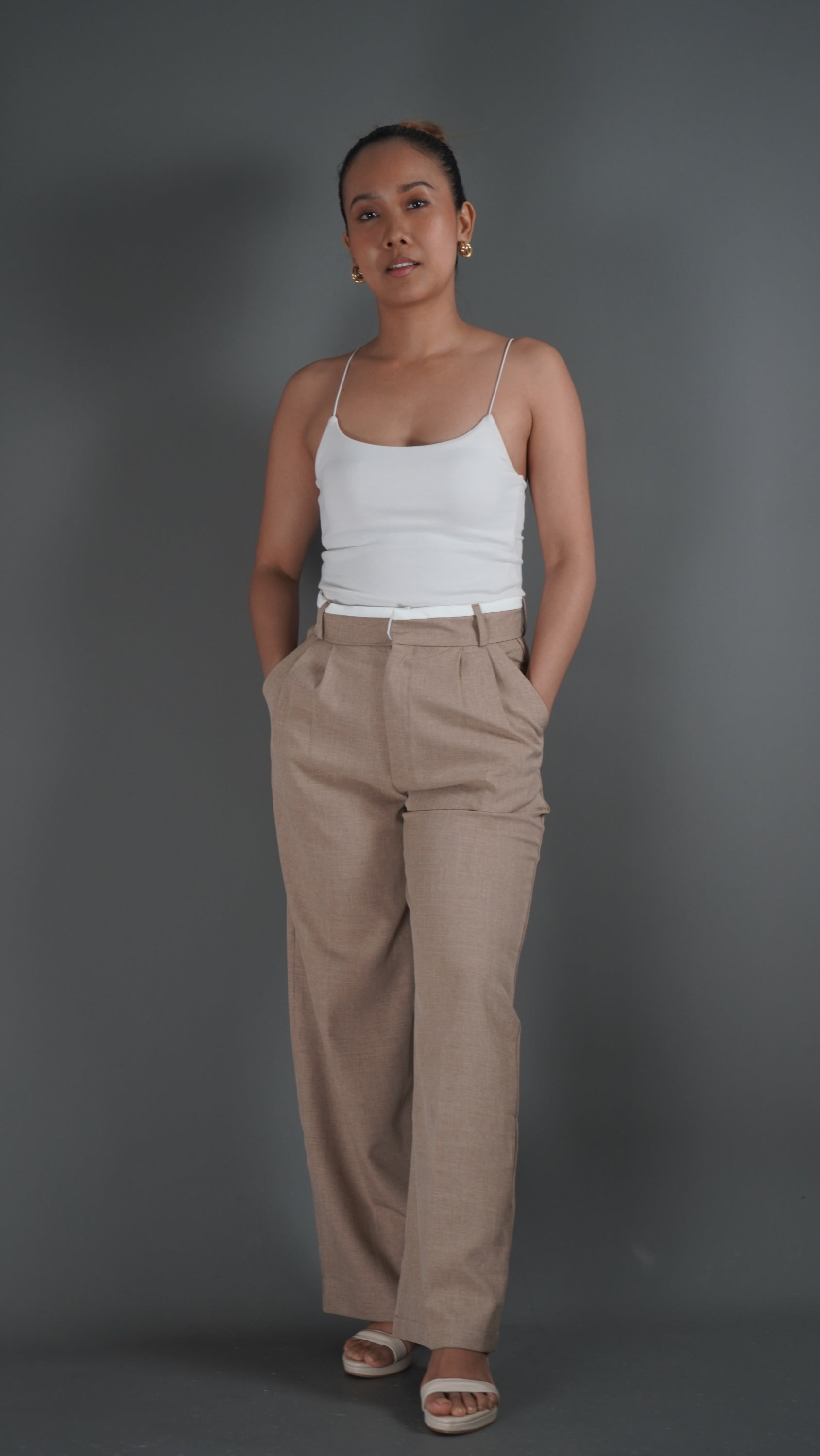 Khaki High Waisted White Rim Straight Leg Trousers - Lyonkusol