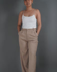 Khaki High Waisted White Rim Straight Leg Trousers - Lyonkusol