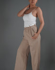 Khaki High Waisted White Rim Straight Leg Trousers - Lyonkusol