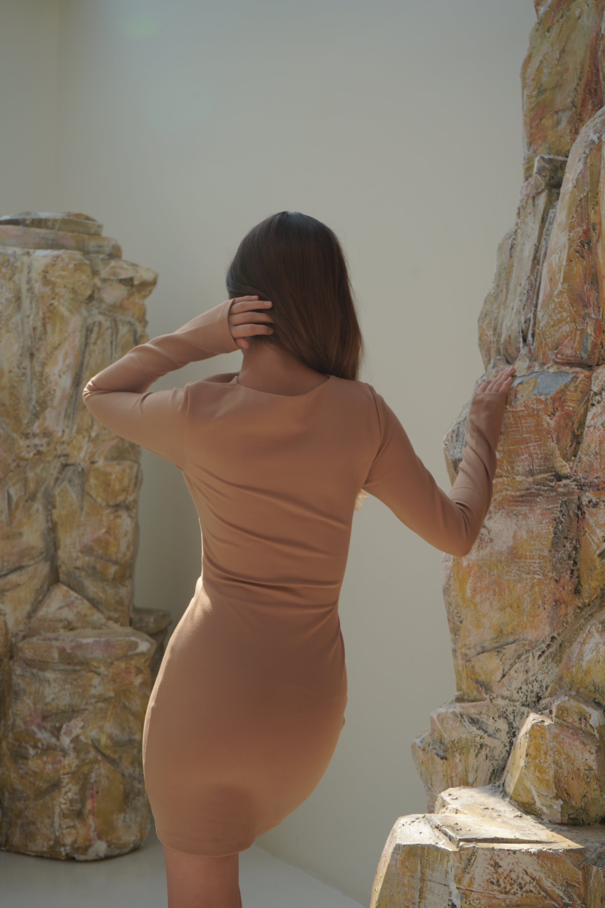 Beige Intimacy -Long Sleeved Cut-Out Mini Dress - Lyonkusol