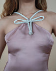 Petal Pink Candy Diamond Ribbon Shoulder Strap Mini Dress. - Lyonkusol