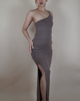 Beige Elegance One Shoulder Strap Maxi Dress Full Body View