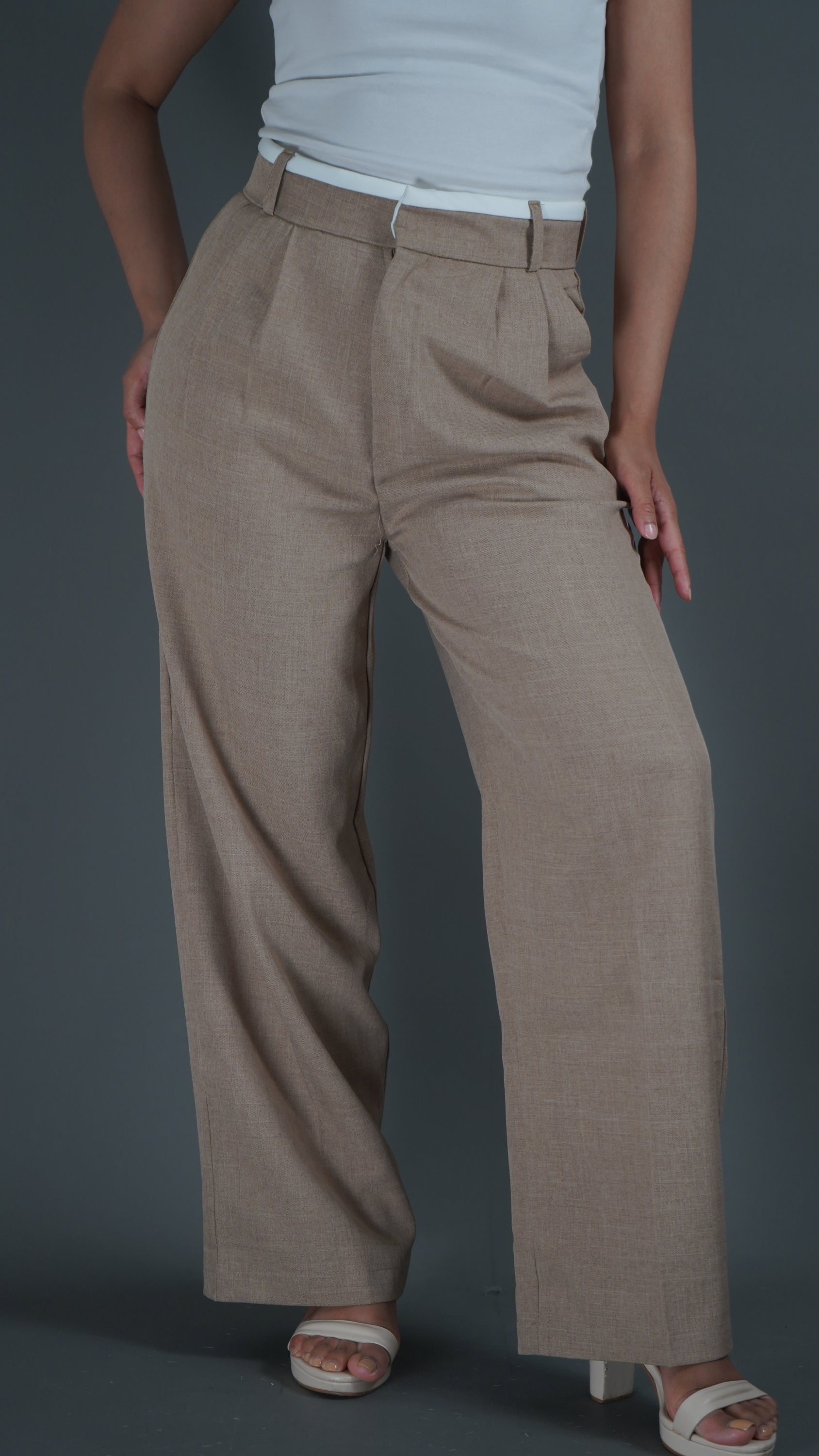 Khaki High Waisted White Rim Straight Leg Trousers - Lyonkusol