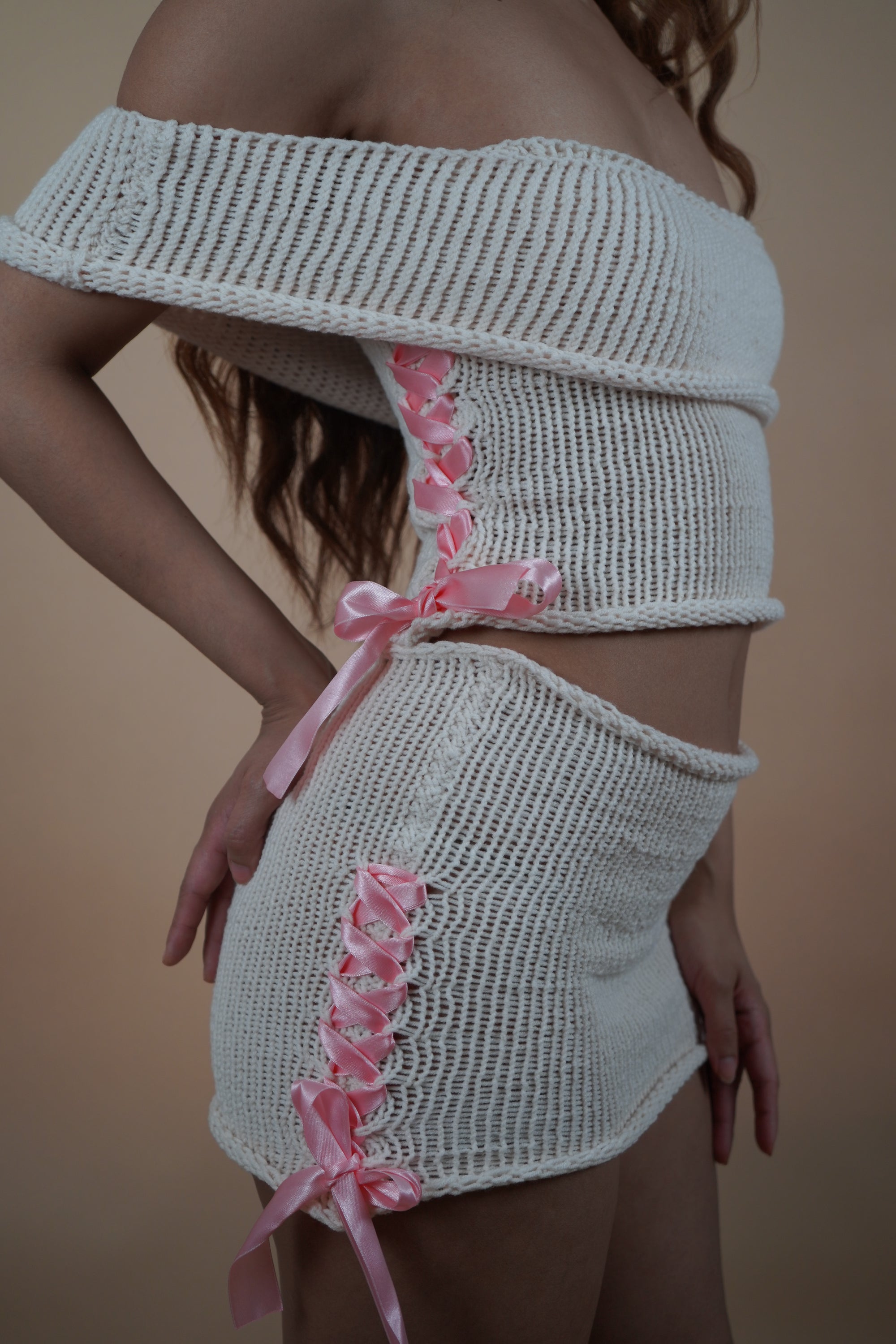 Strawberry & Cream Set Knitted Crochet Pink Ribbon Top And Skirt - Lyonkusol