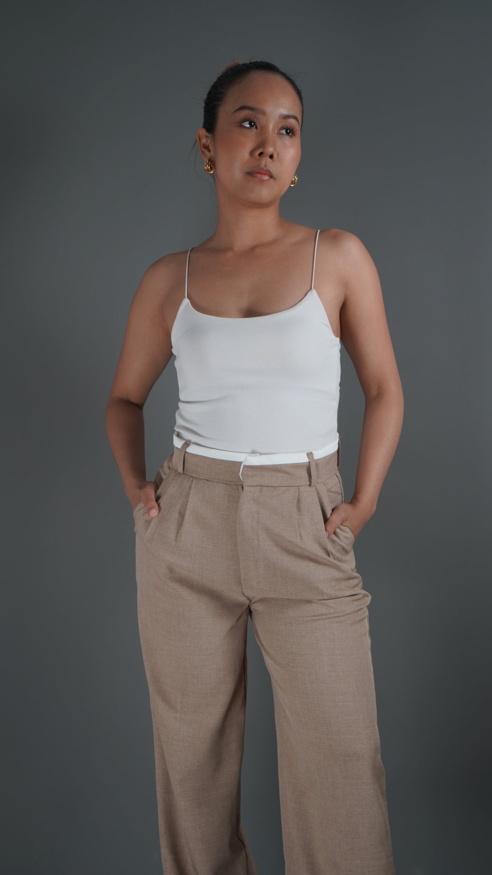 Khaki High Waisted White Rim Straight Leg Trousers - Lyonkusol