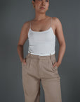 Khaki High Waisted White Rim Straight Leg Trousers - Lyonkusol