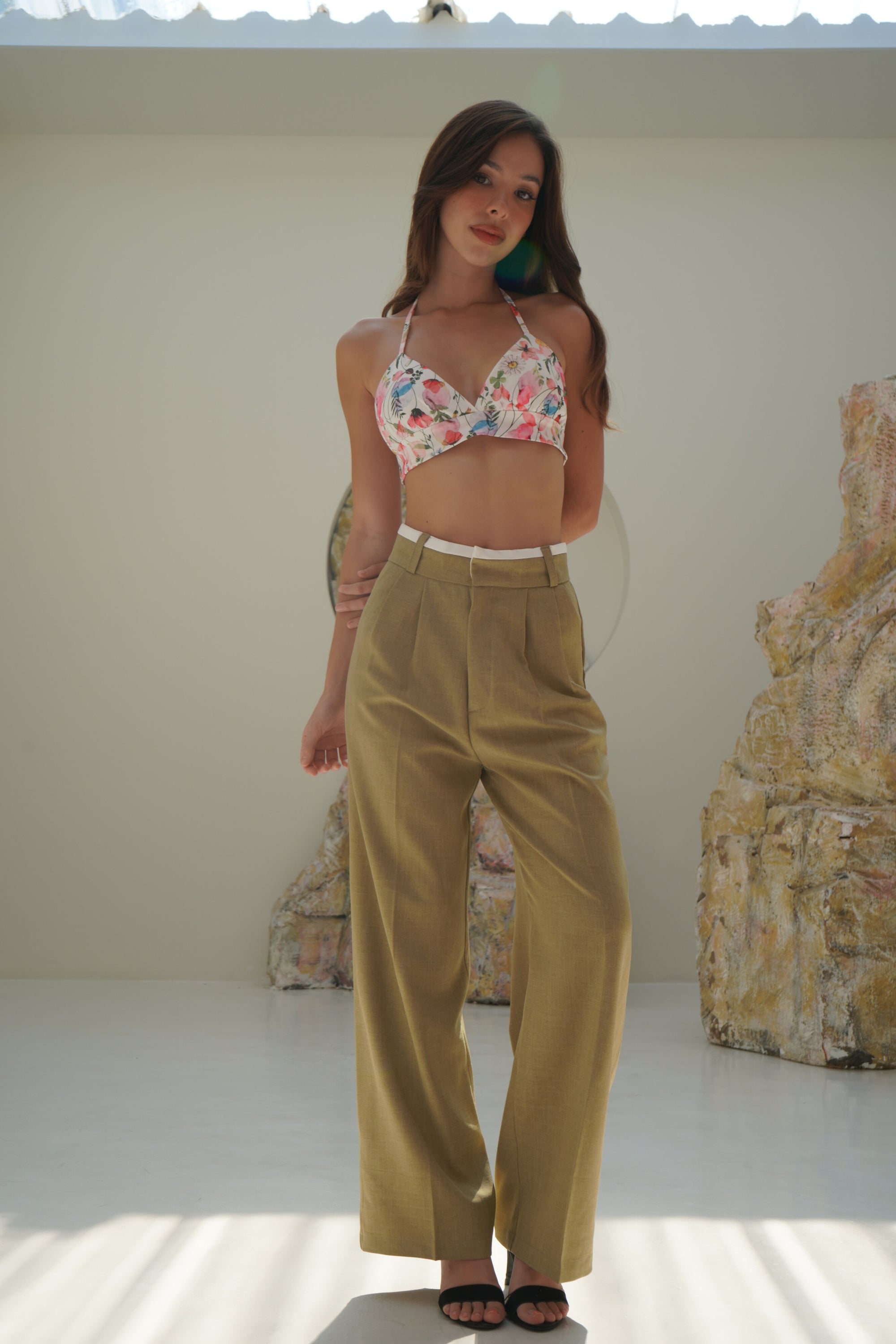 Pistachio High Waisted White Rim Straight Leg Trousers - Lyonkusol