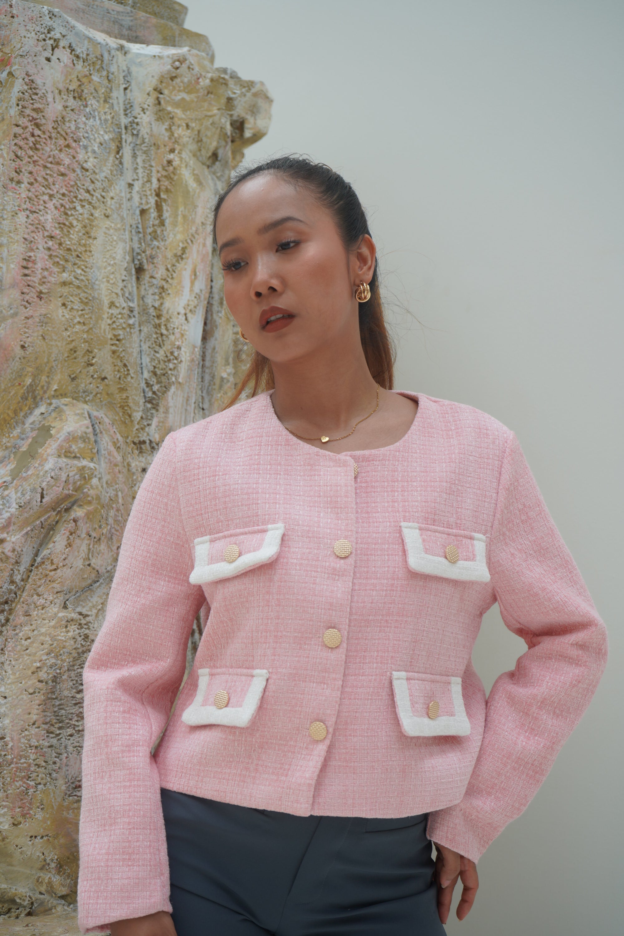 Baby Pink Tweed Jacket Close Up