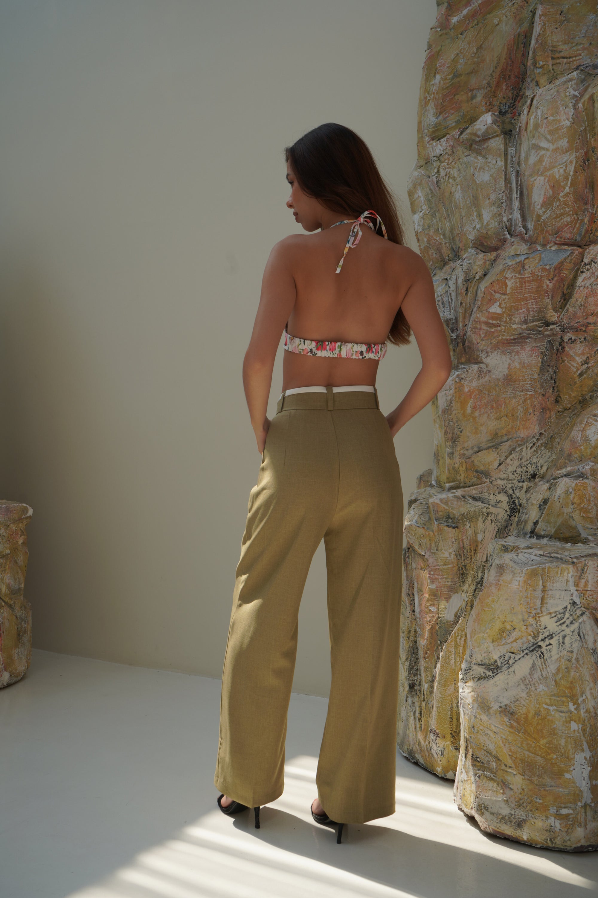 Pistachio High Waisted White Rim Straight Leg Trousers - Lyonkusol