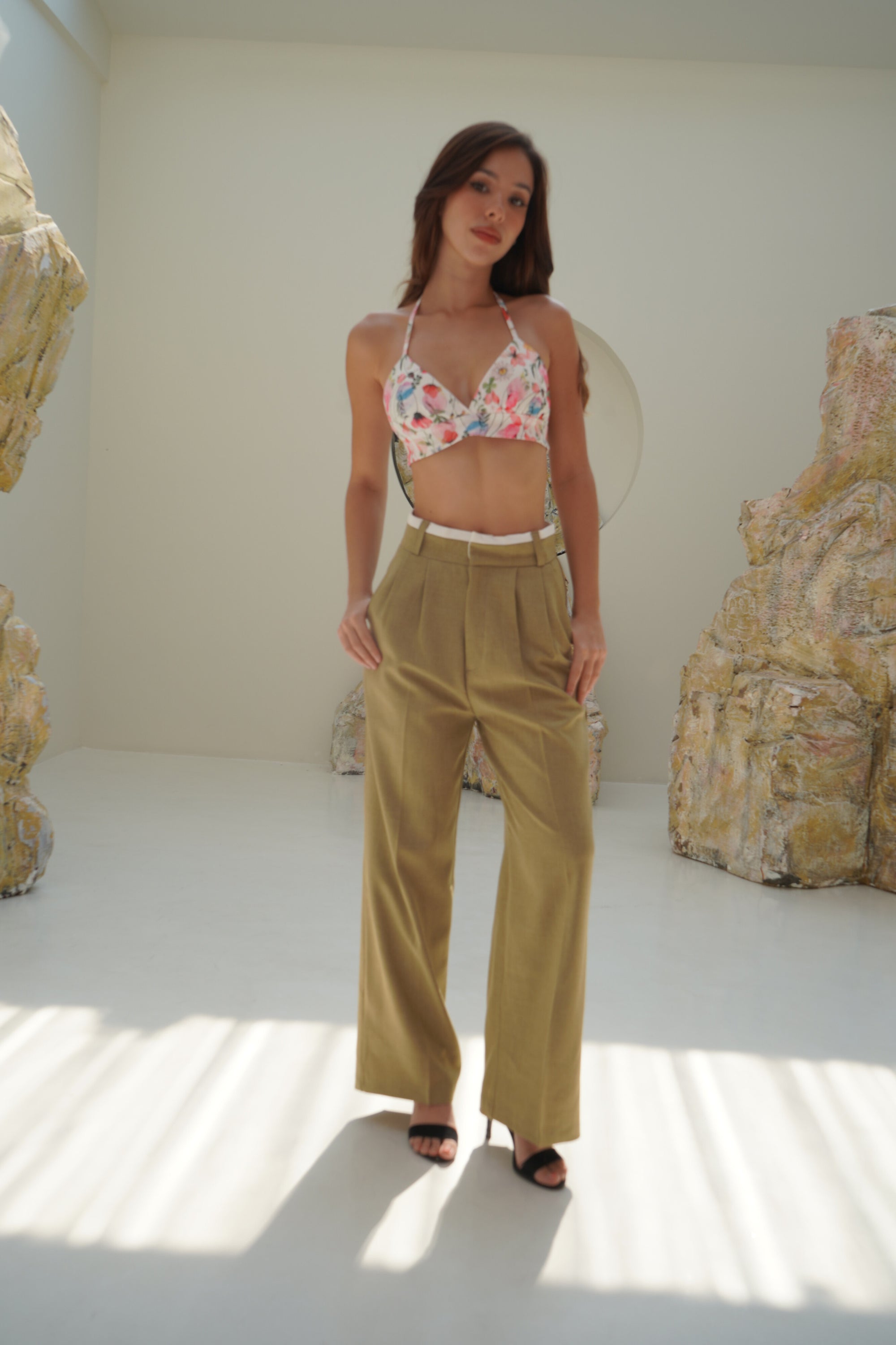 Pistachio High Waisted White Rim Straight Leg Trousers - Lyonkusol