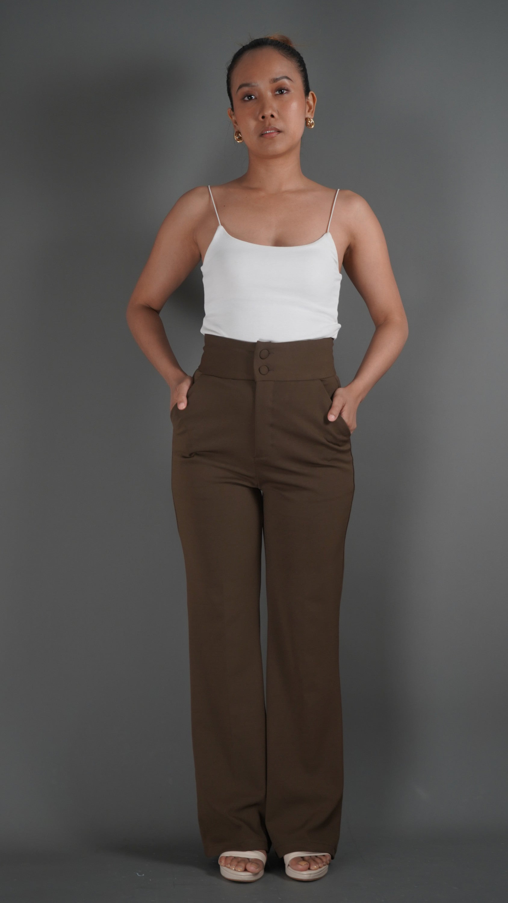 Brown High Waisted Flared Trousers - Lyonkusol