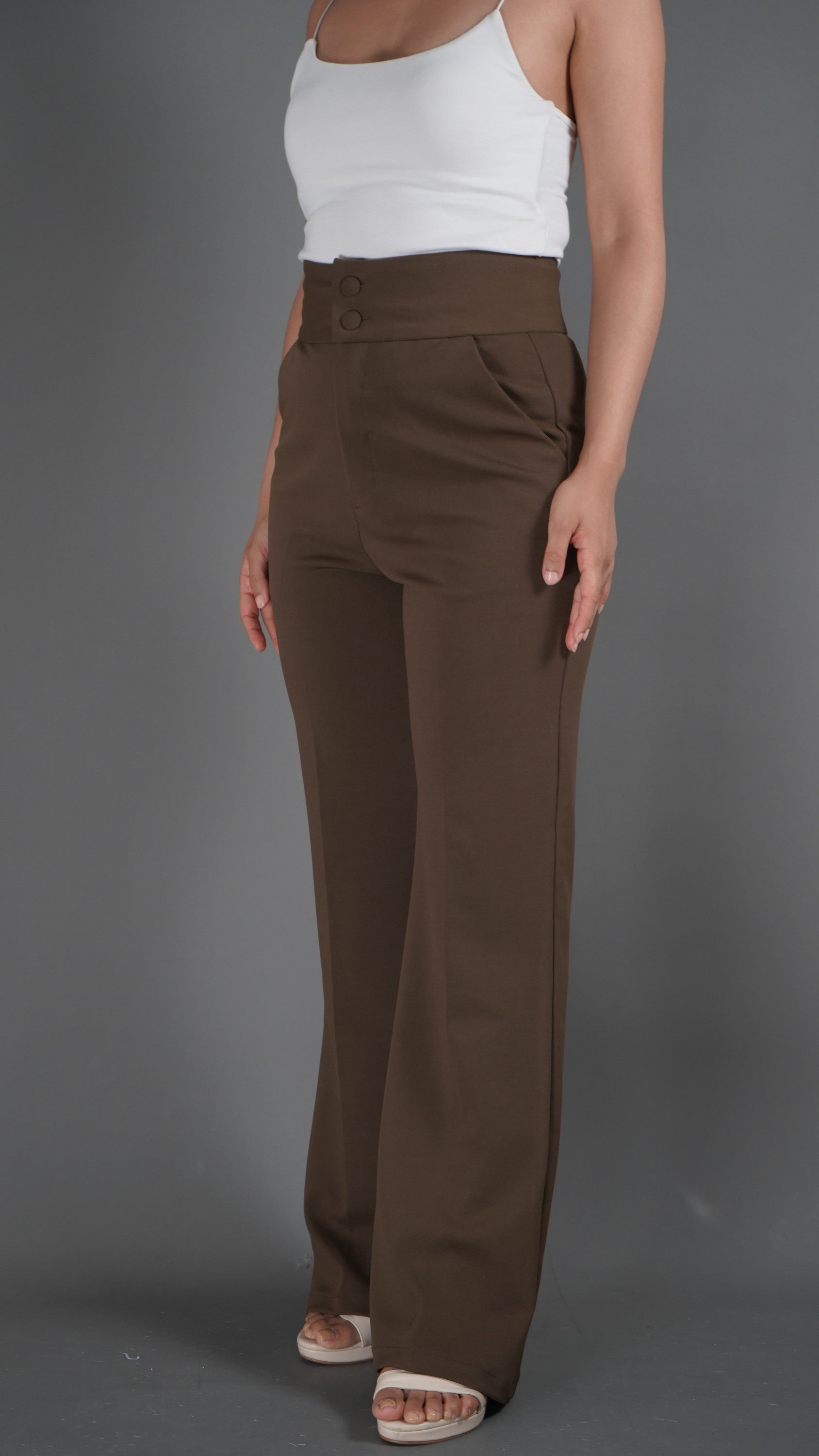 Brown High Waisted Flared Trousers - Lyonkusol