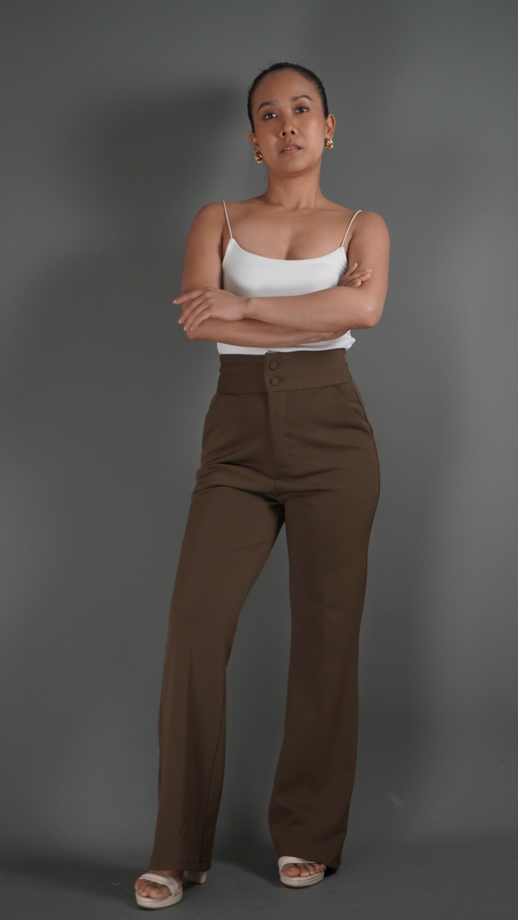 Brown High Waisted Flared Trousers - Lyonkusol