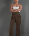 Brown High Waisted Flared Trousers - Lyonkusol