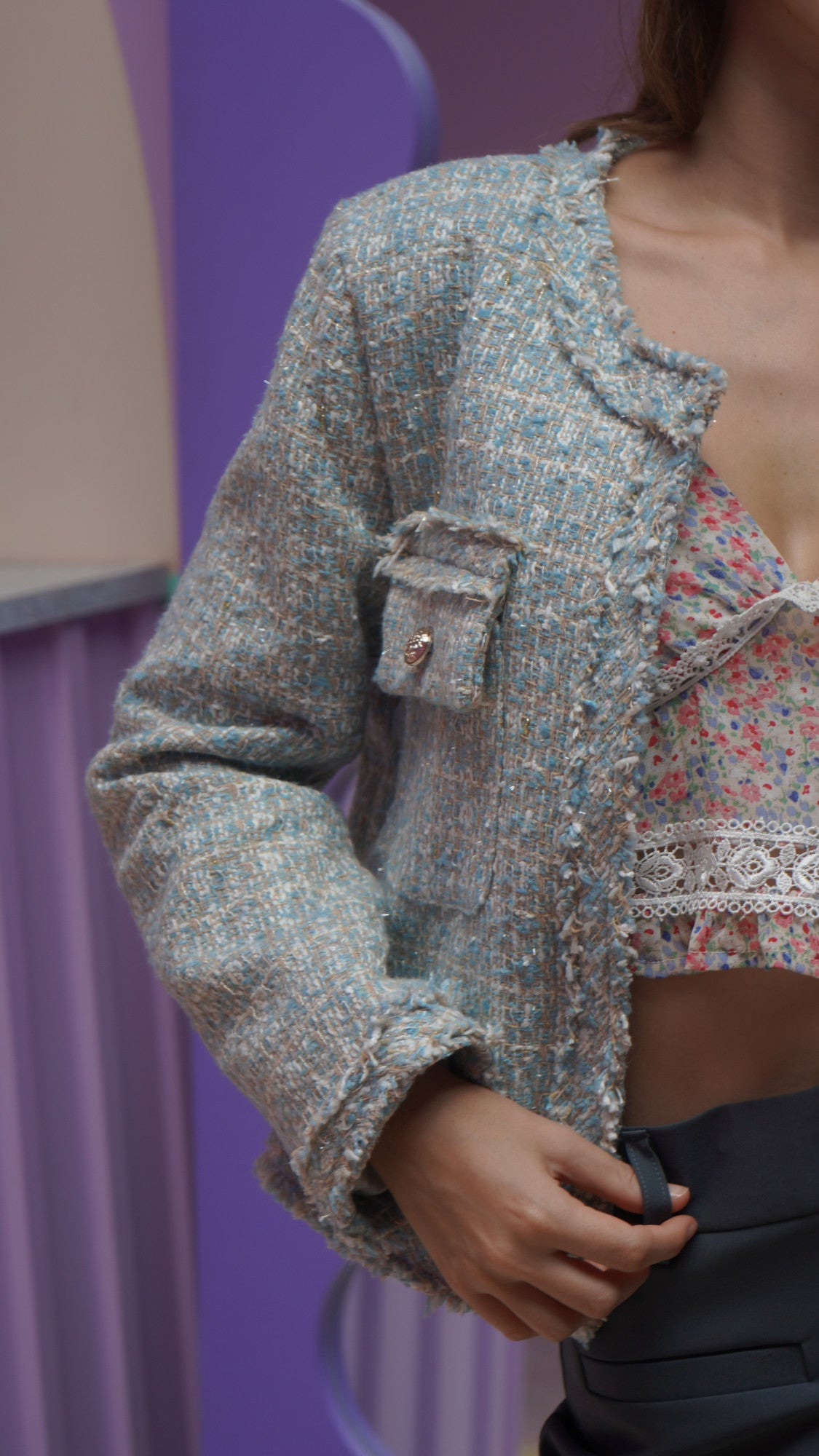 Pastel Blue Tweed Jacket - Lyonkusol