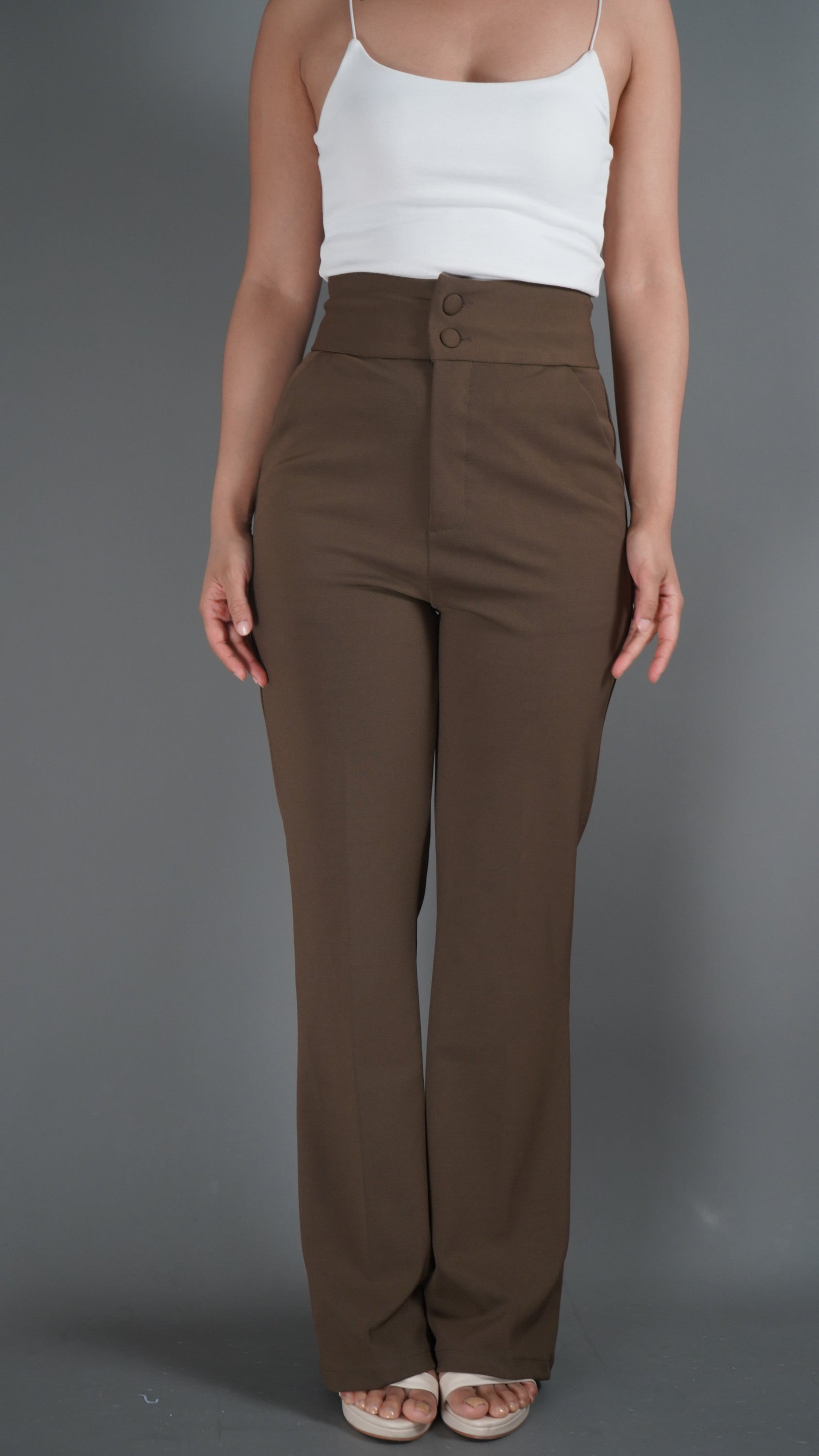 Brown High Waisted Flared Trousers - Lyonkusol